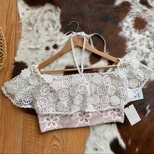 Alexis White Cater Lace Crop Halter Top L